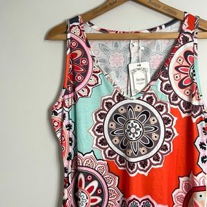 NWT Sleeveless Medallion T-Shirt Dress Pockets V-Neck Orange Pink Gray XL